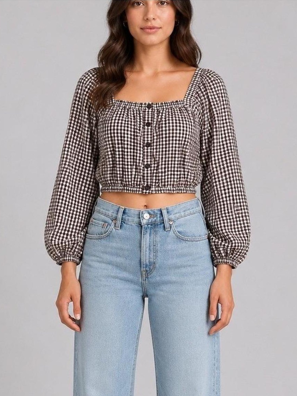 MADEWELL | Brown Gingham Cottage Puff Sleeve Button Front Crop Top